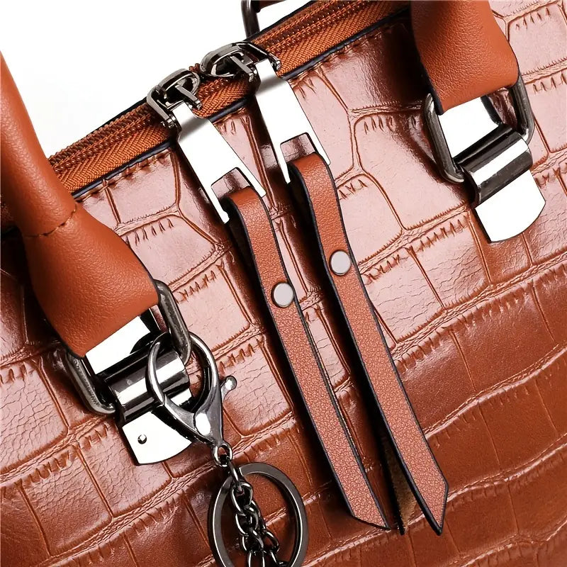 Croc-Embossed Handbag Set with Tassel Decor (4 Pieces)