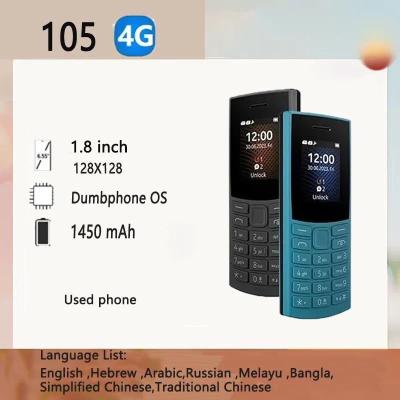 Finland Made 105 2023 Bluetooth 5.0 Feature Phone 4G net Dual SIM 1.8"  Battery FM Radio Call Recording Hebrew Key use phone