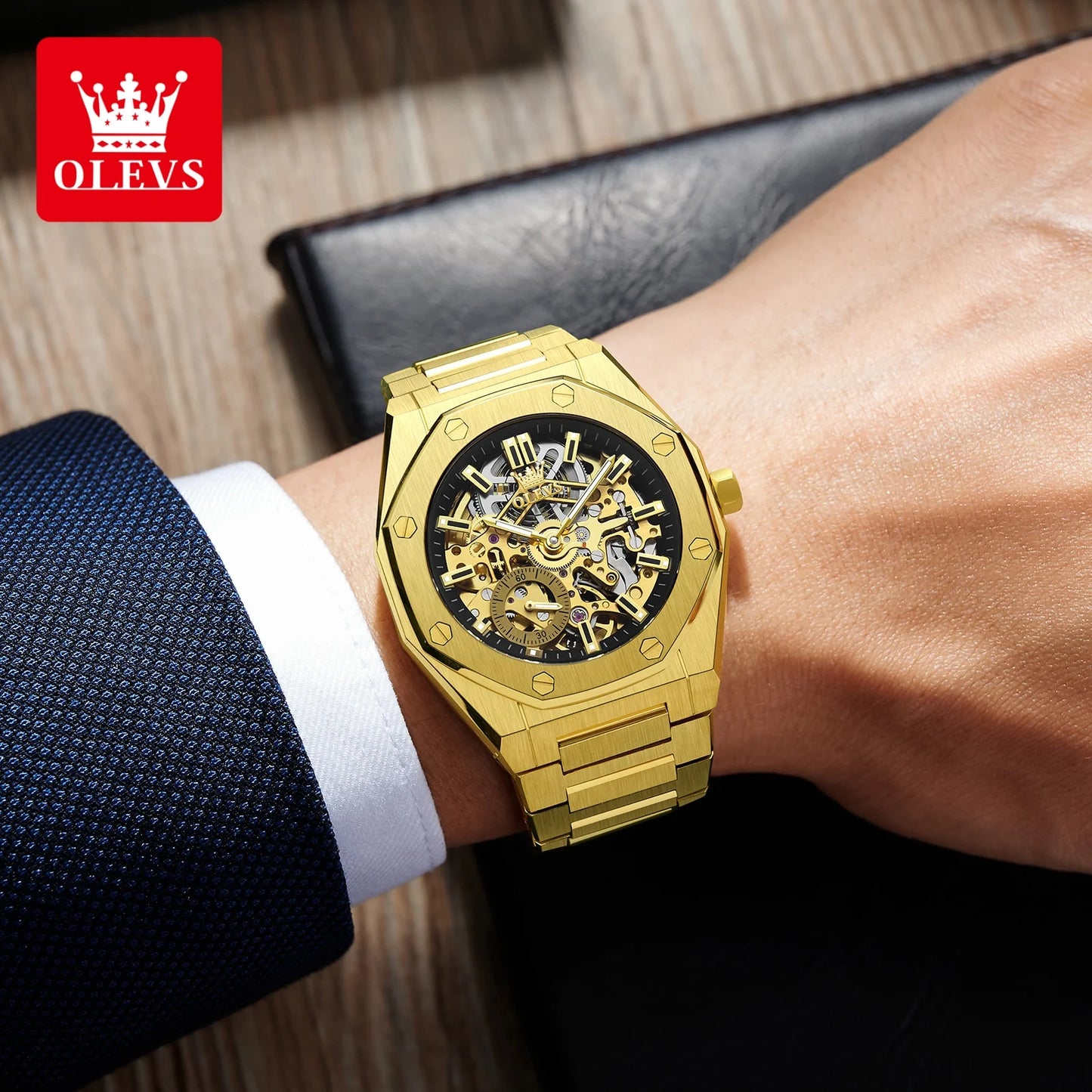 OLEVS 6669 Fully Hollow Men's Watch Octagonal Bezel Luxury Automatic Mechanical Watch Men's 30M Waterproof Man Wristwatches
