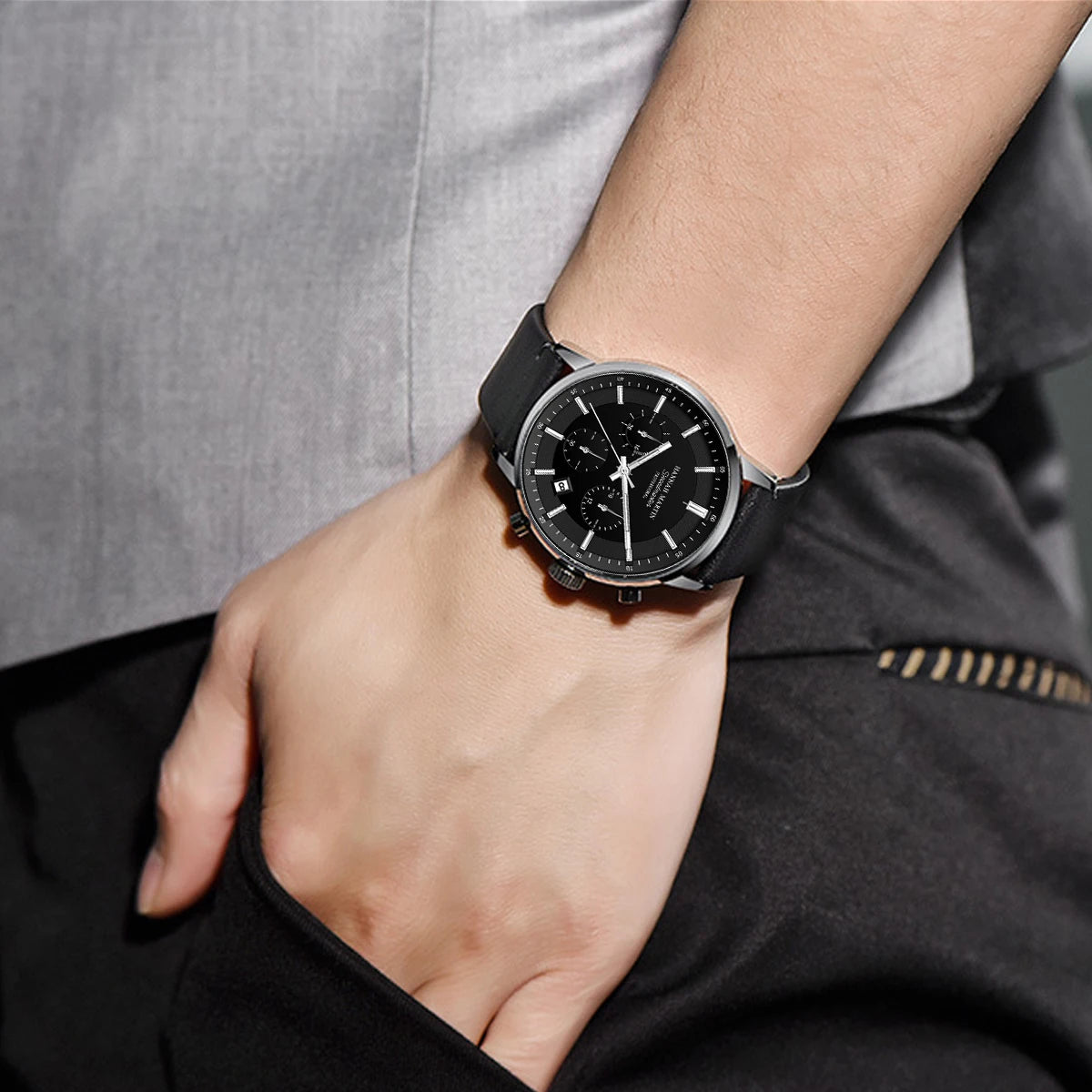 Hannah Martin Men's Business Watch – 41mm Quartz, Black Leather Strap, Chronograph, Gift Box