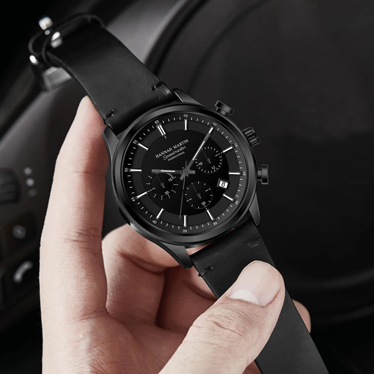 Hannah Martin Men's Business Watch – 41mm Quartz, Black Leather Strap, Chronograph, Gift Box