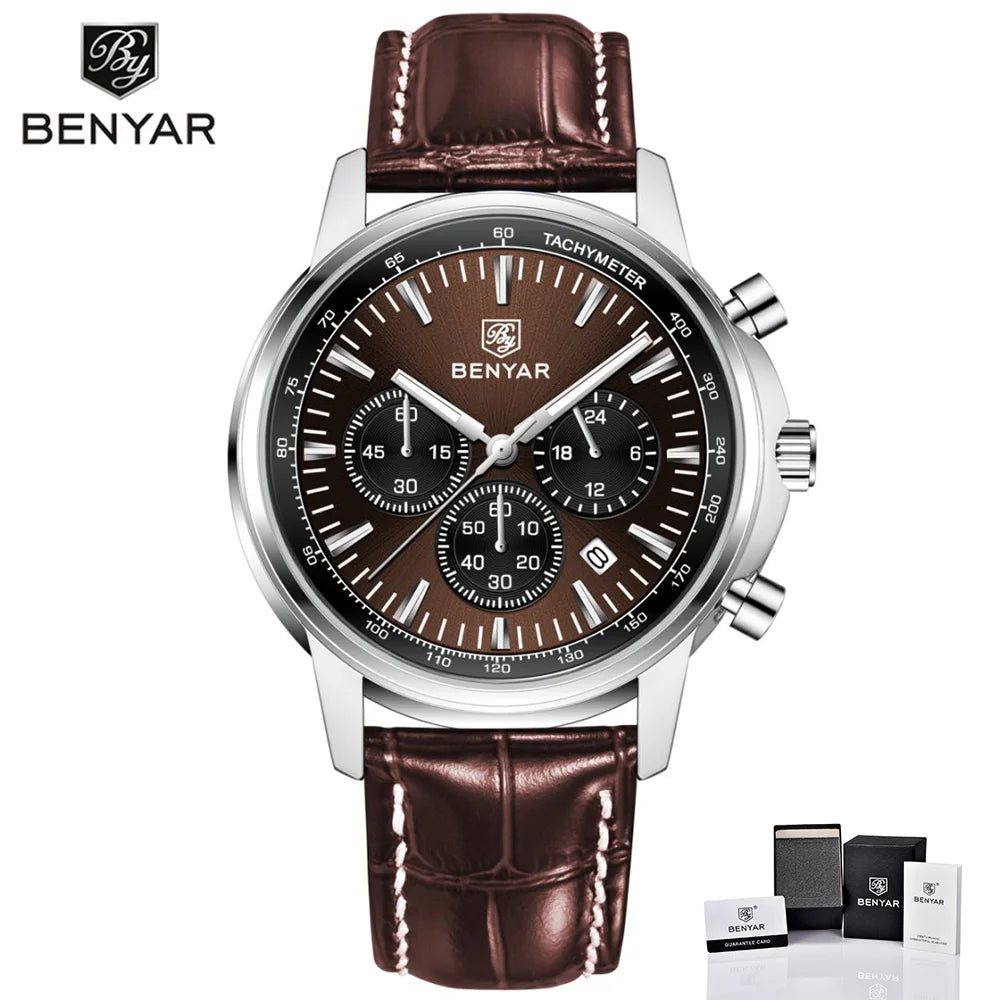 BENYAR Top brand multifunctional men's chronograph leather strap 30M waterproof men's business casual quartz watch