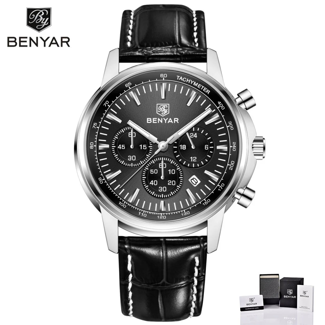 BENYAR Top brand multifunctional men's chronograph leather strap 30M waterproof men's business casual quartz watch