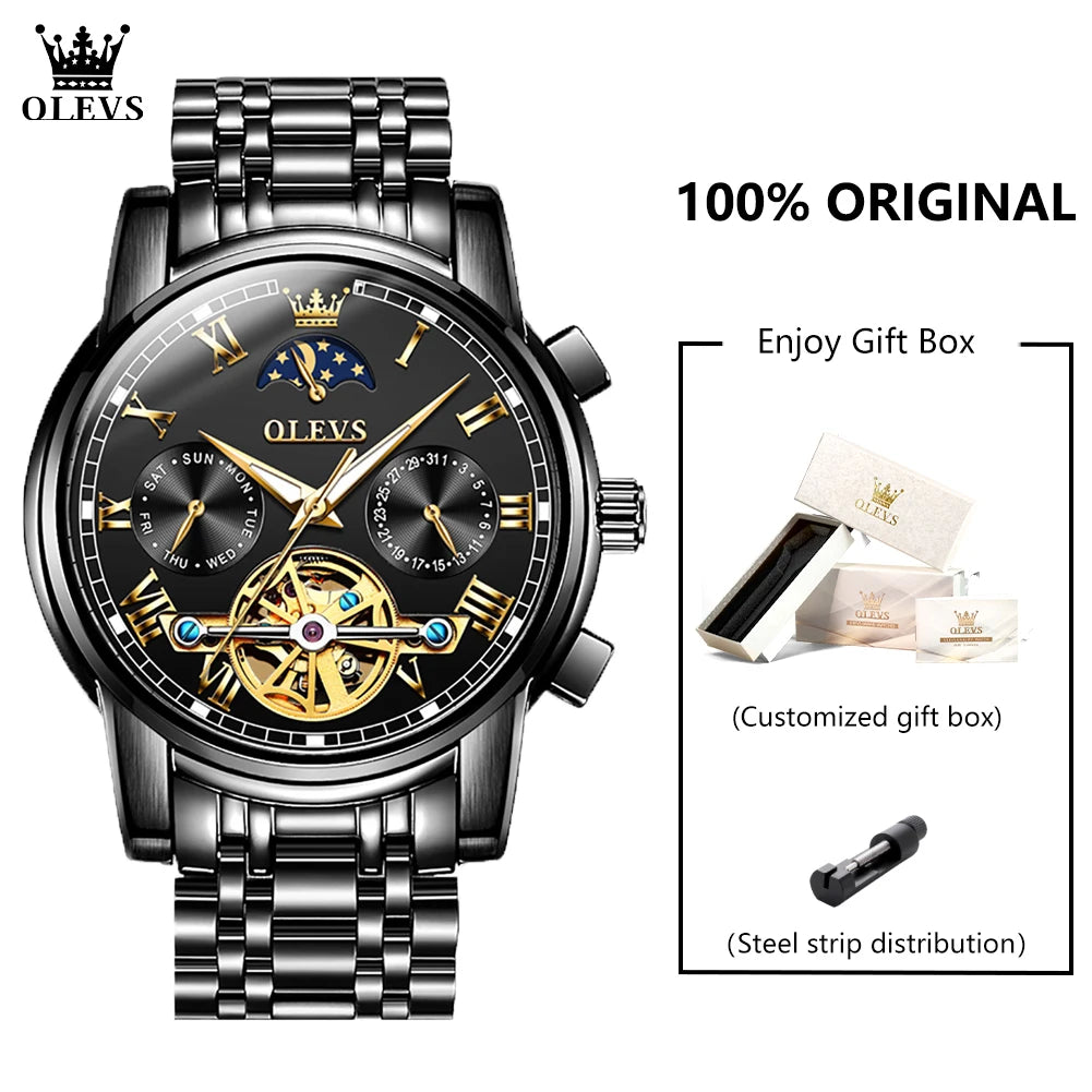 OLEVS 6617 Men's Classic Mechanical Watch – Sun & Moon, Stainless Steel, 30M Waterproof