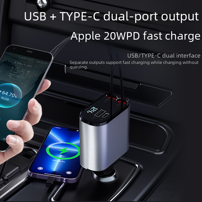 100W Metal Car Charger with USB and Type-C Adapter