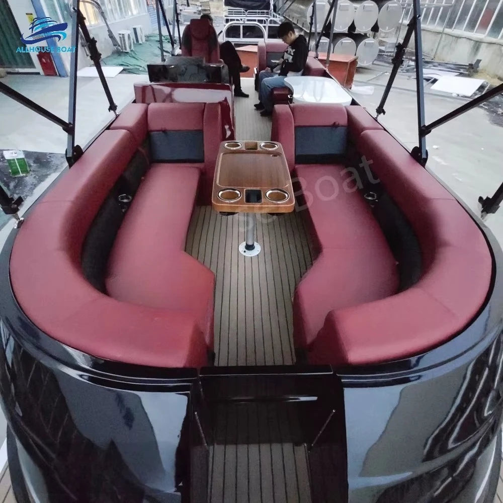 Luxury Pontoon Yacht with Outboard Motor – Fiberglass Hull Party Boat