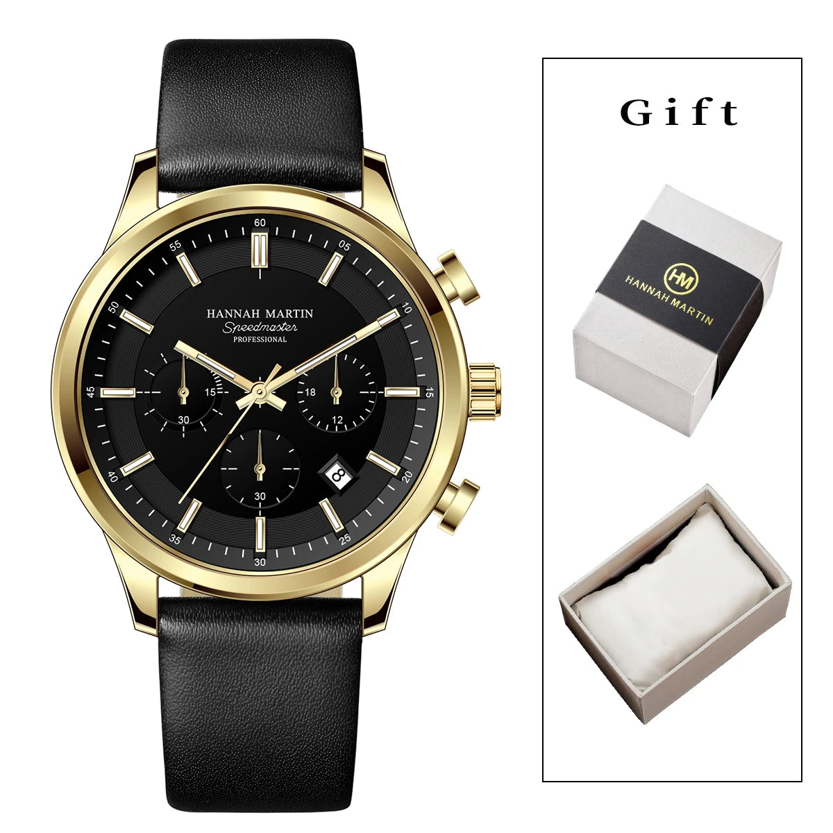 Hannah Martin Men's Business Watch – 41mm Quartz, Black Leather Strap, Chronograph, Gift Box