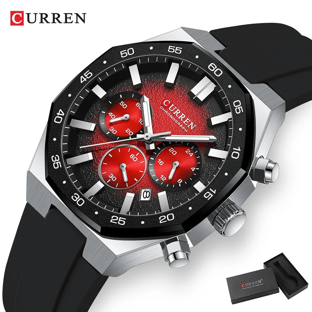 CURREN Fashion Casual Men Sports Watch Chronograph Silicone Belt Auto Date Dial Quartz Wristwatch Male Reloj Relogio Masculino