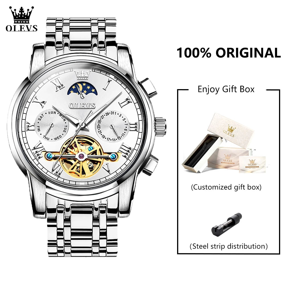 OLEVS 6617 Men's Classic Mechanical Watch – Sun & Moon, Stainless Steel, 30M Waterproof