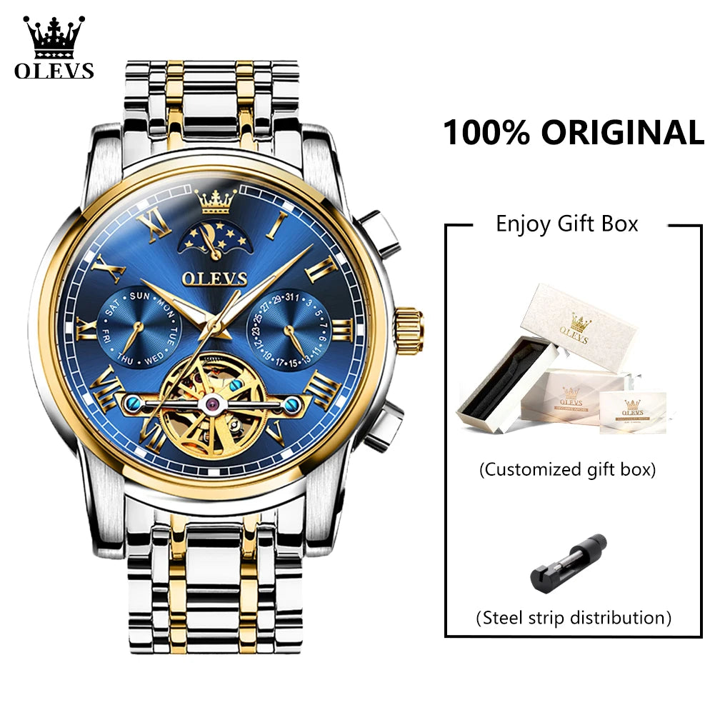 OLEVS 6617 Men's Classic Mechanical Watch – Sun & Moon, Stainless Steel, 30M Waterproof