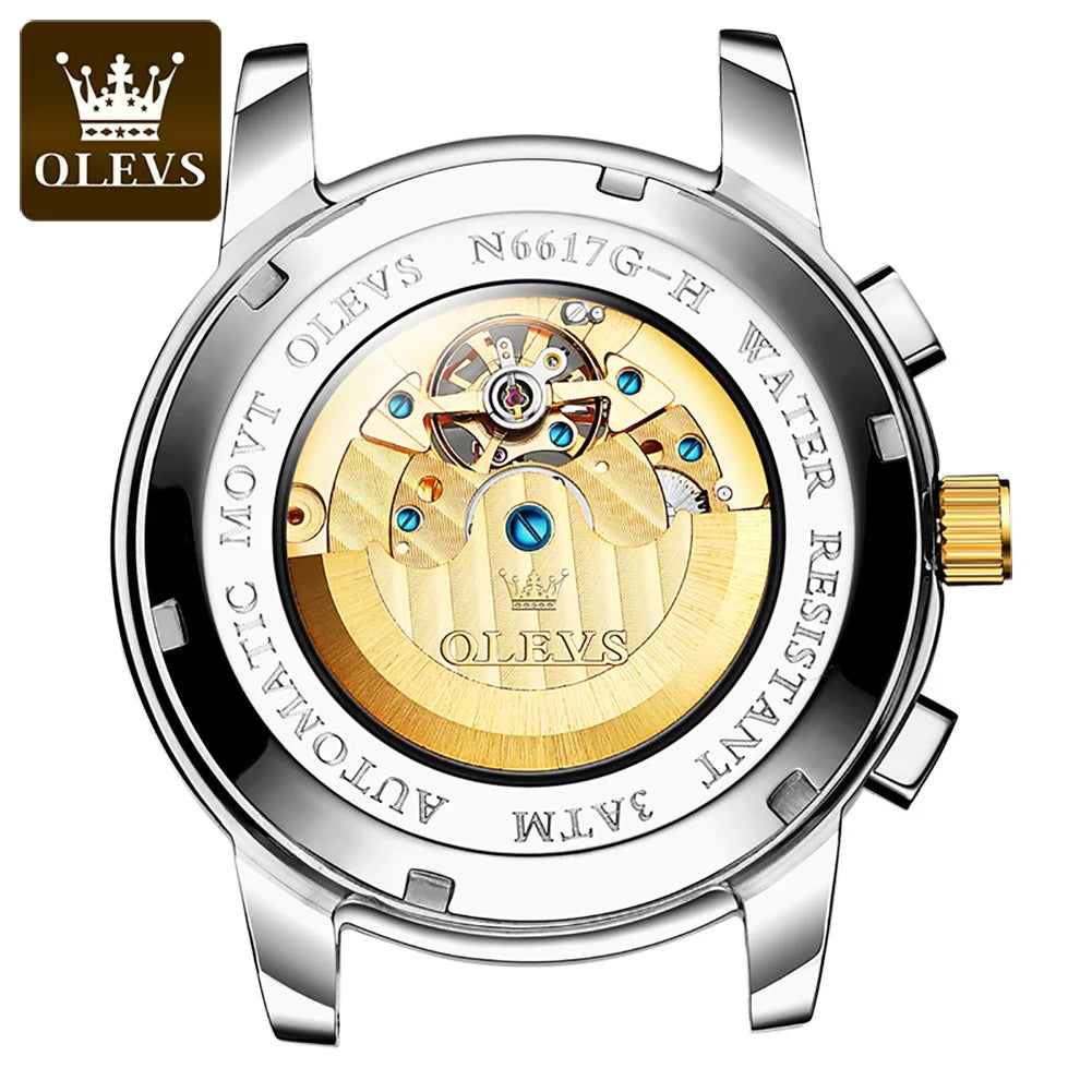 OLEVS 6617 Men's Classic Mechanical Watch – Sun & Moon, Stainless Steel, 30M Waterproof