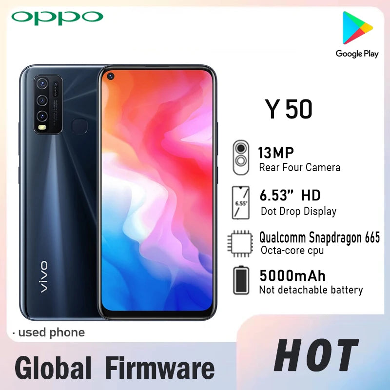 Global Firmware VIVO Y50 smartphone 4G 5000mAh 16.0MP 2340×1080 Snapdragon 665 6.53" in good condition Used Phone