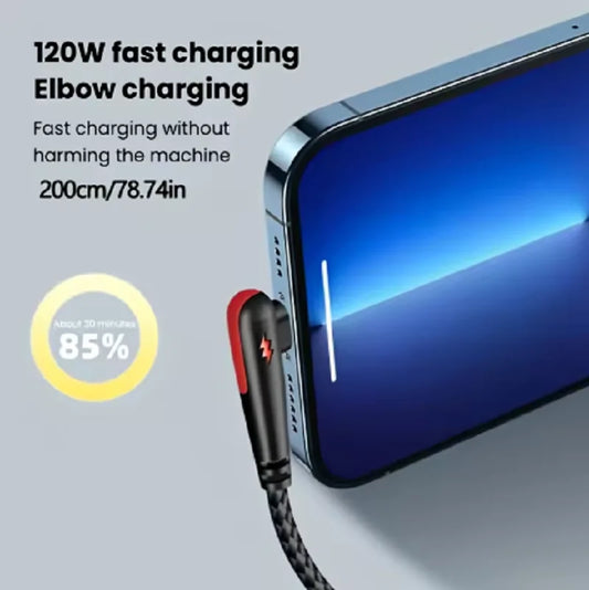 120W USB-A to USB-C Fast Charging Cable – 90° Elbow, Nylon Braided, for Samsung, Huawei, Xiaomi & More