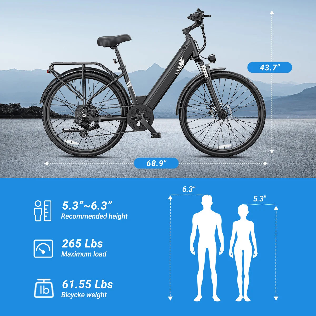 DYU C7 Electric Bicycle – 1000W Peak, 480Wh Battery, 26" City E-Bike, UL2849 Certified