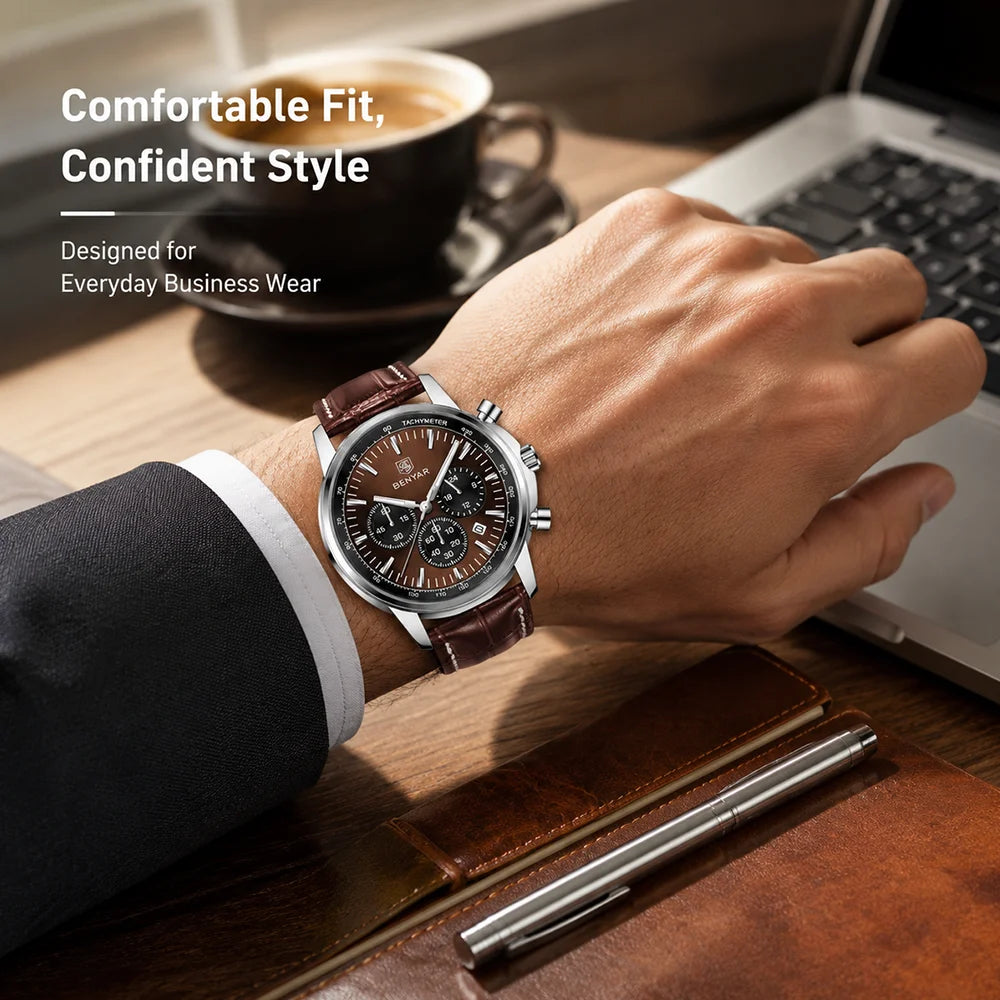 BENYAR Top brand multifunctional men's chronograph leather strap 30M waterproof men's business casual quartz watch