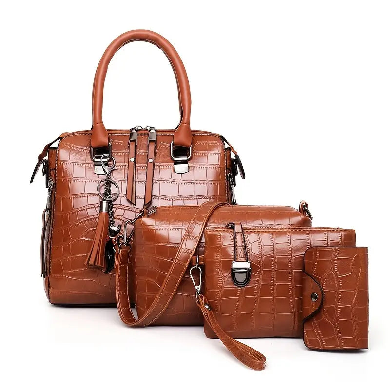 Croc-Embossed Handbag Set with Tassel Decor (4 Pieces)