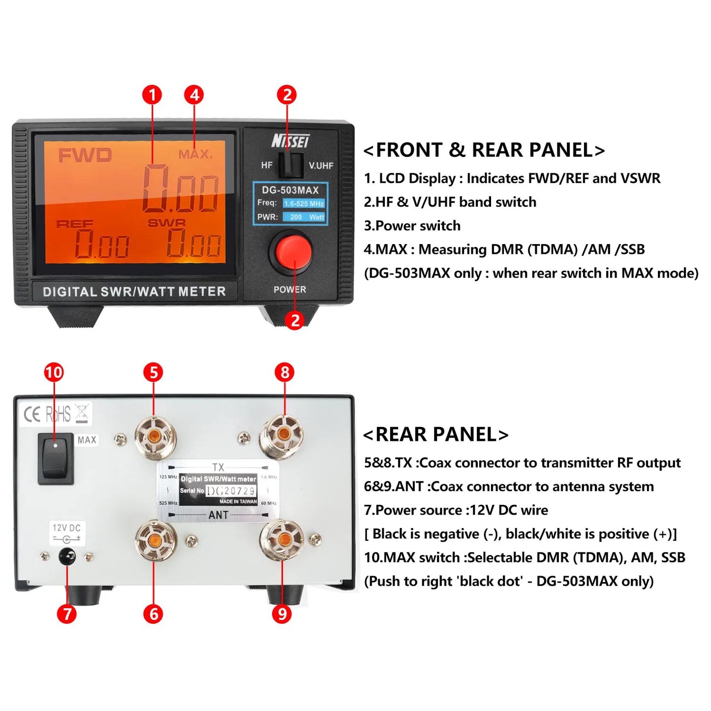 NISSEI DG-503MAX DMR/SSB/AM HF 1.6-60MHz & V.UHF125-525MHz 200Watt Walkie Talkie Digital SWR Watt Meter DG-503 MAX