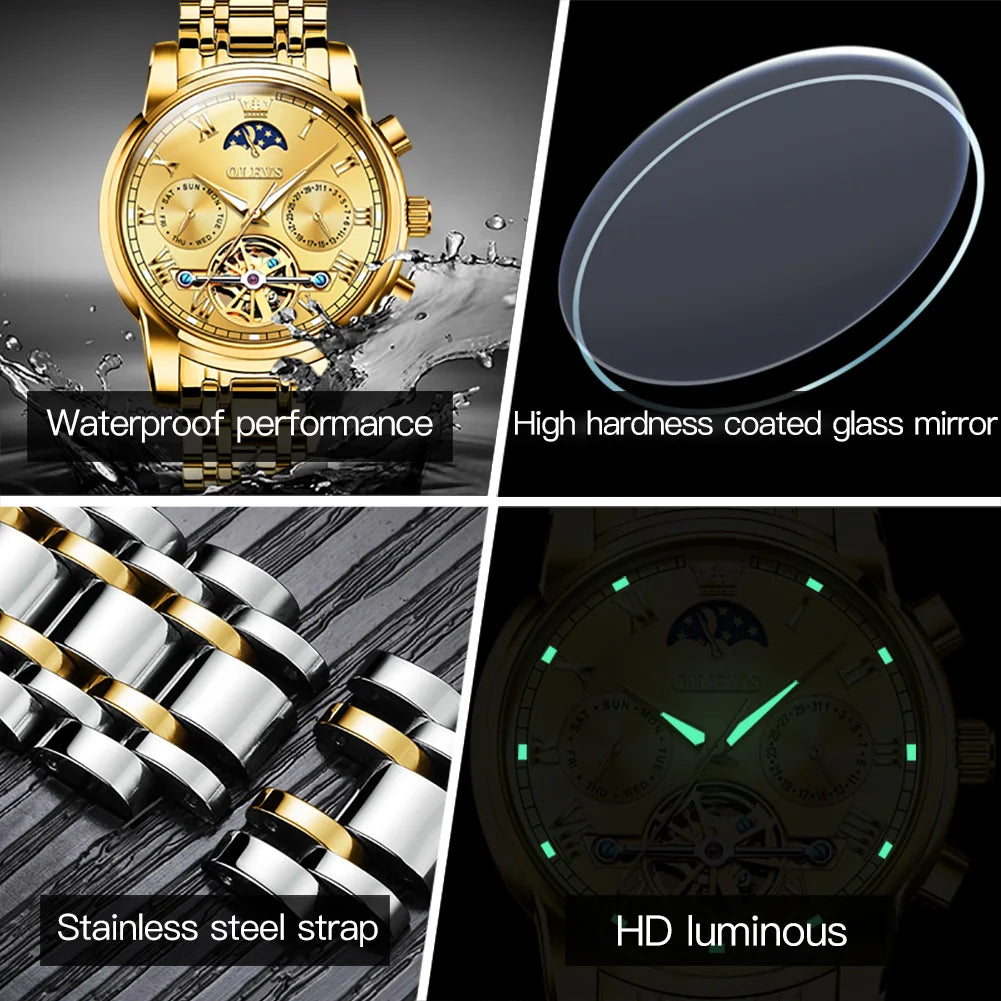 OLEVS 6617 Men's Classic Mechanical Watch – Sun & Moon, Stainless Steel, 30M Waterproof