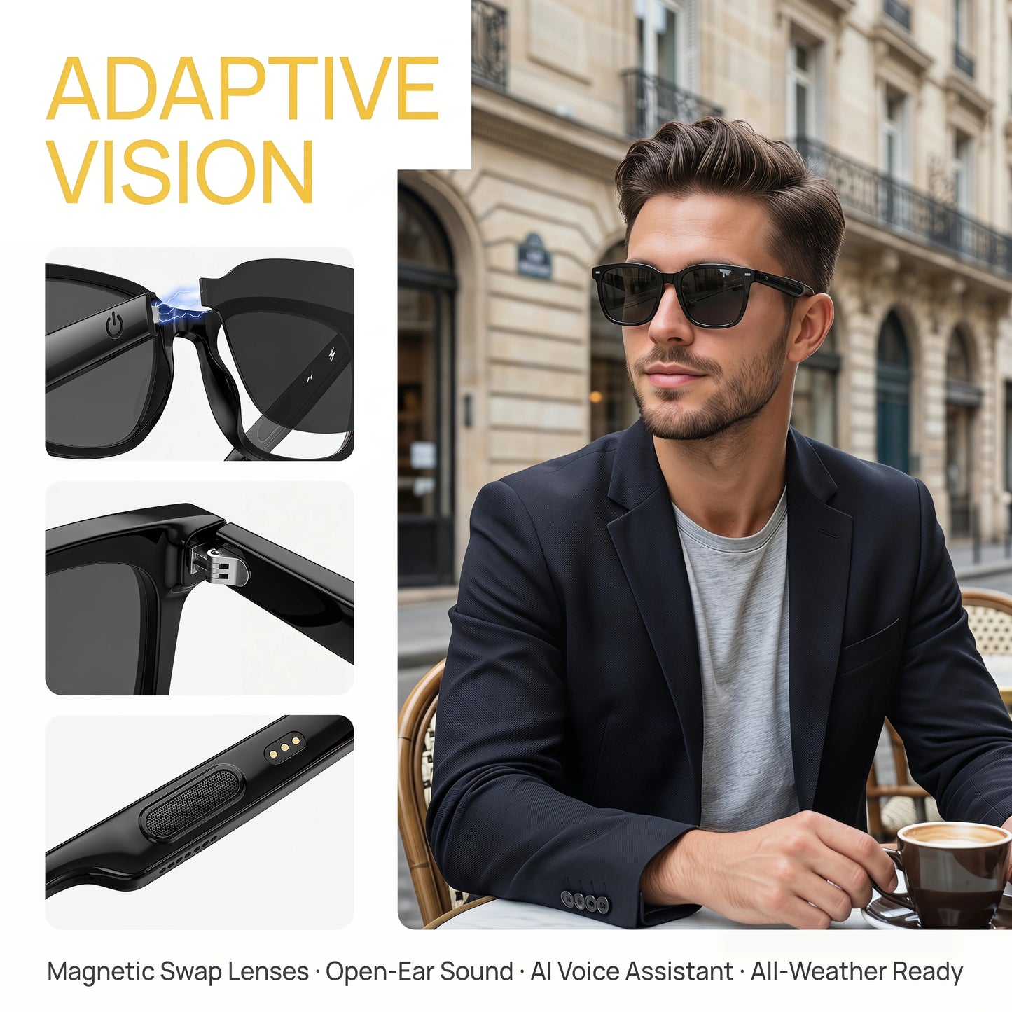 AI Open-Ear Bluetooth Glasses Magnetic Suction Lenses Real-time Translation Calls&Music Global Travel Trade Communication