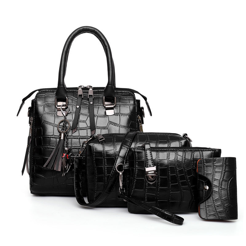Croc-Embossed Handbag Set with Tassel Decor (4 Pieces)