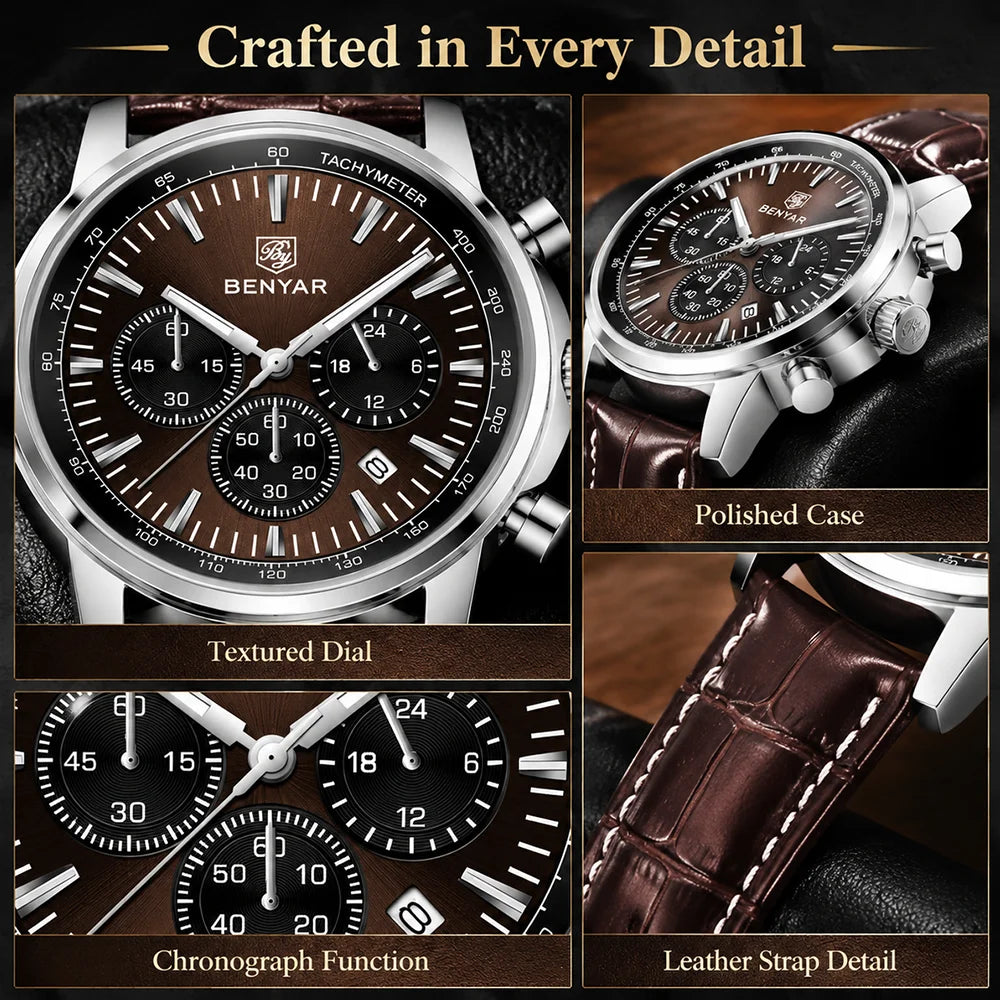 BENYAR Top brand multifunctional men's chronograph leather strap 30M waterproof men's business casual quartz watch