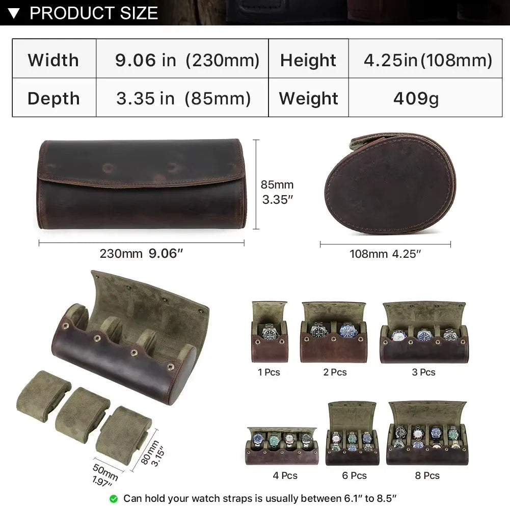 Watch Travel Case Vintage Genuine Leather Watch Roll Travel Case Organizer Display Case1/2/3/4/6/8Slots Watch Box Organizer Gift