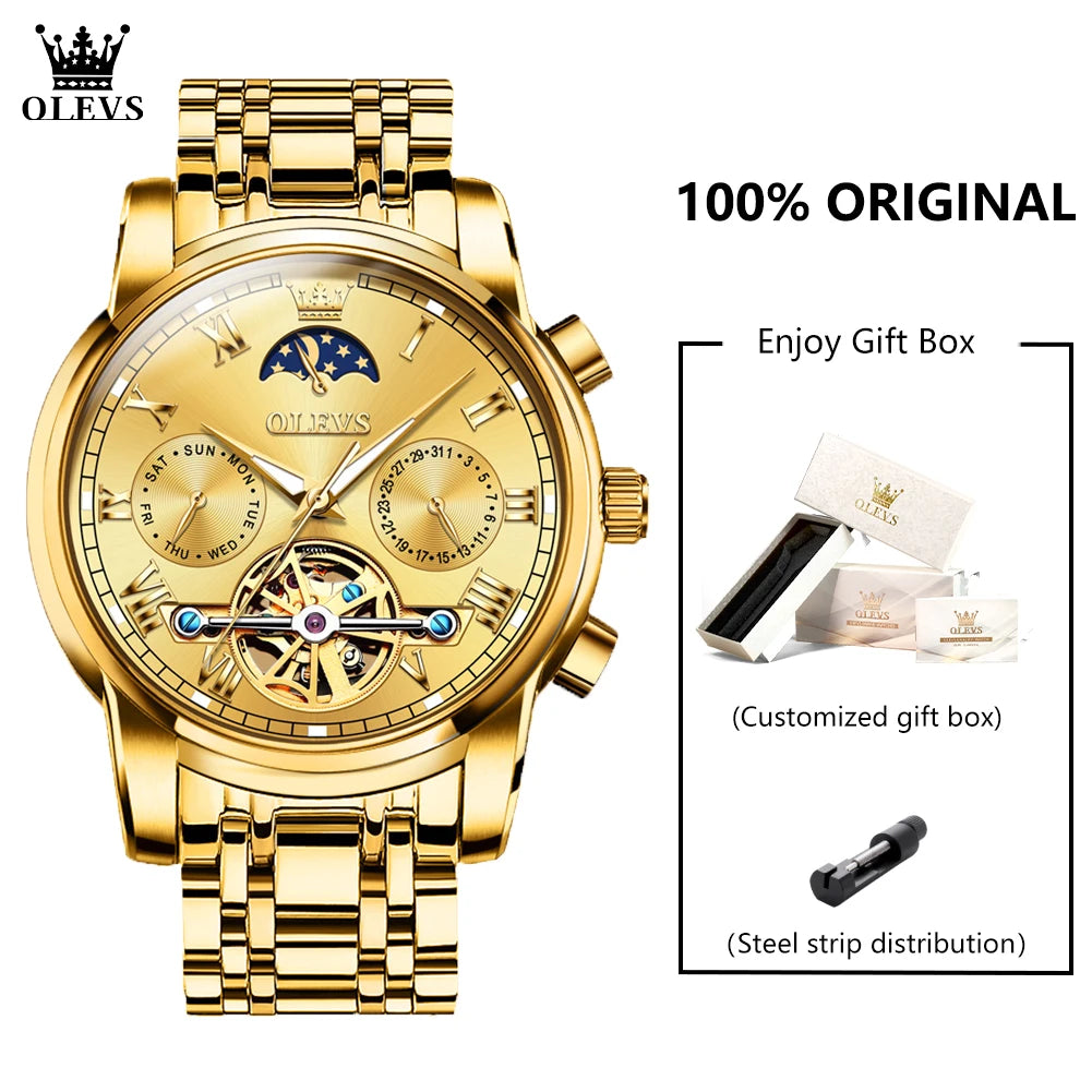 OLEVS 6617 Men's Classic Mechanical Watch – Sun & Moon, Stainless Steel, 30M Waterproof