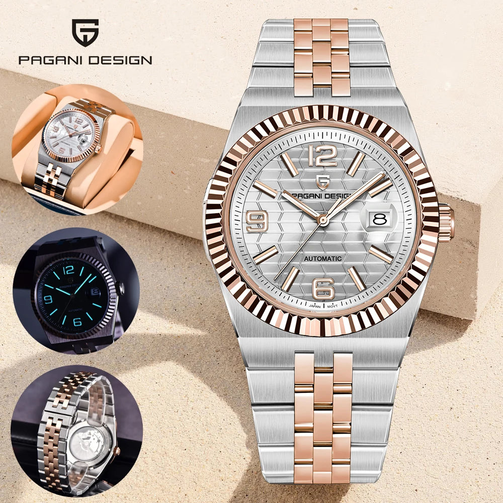 PAGANI DESIGN Men's Automatic Watch – Rose Gold, MIYOTA 8215, Sapphire Crystal, Luxury Mechanical
