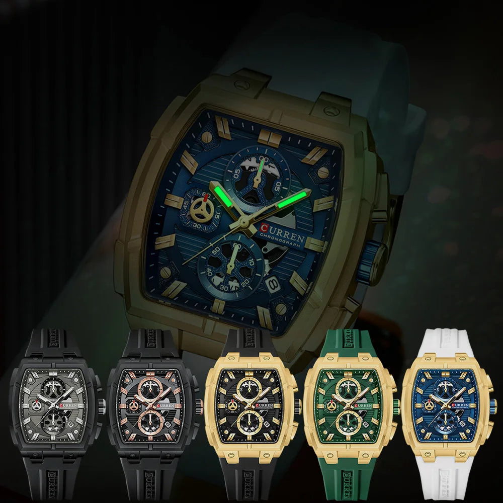 CURREN Luxury Vintage Watch for Men Sports Chronograph Quartz Wristwatches with Silicone Strap,Date,Luminous