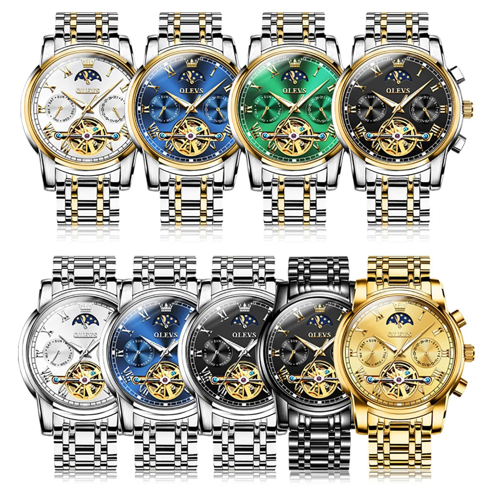 OLEVS 6617 Men's Classic Mechanical Watch – Sun & Moon, Stainless Steel, 30M Waterproof