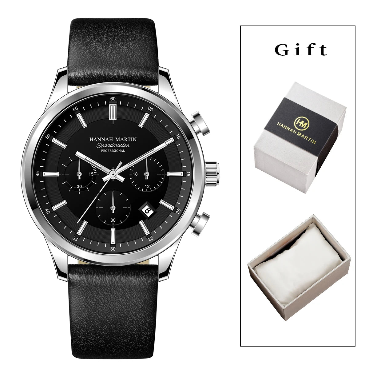 Hannah Martin Men's Business Watch – 41mm Quartz, Black Leather Strap, Chronograph, Gift Box