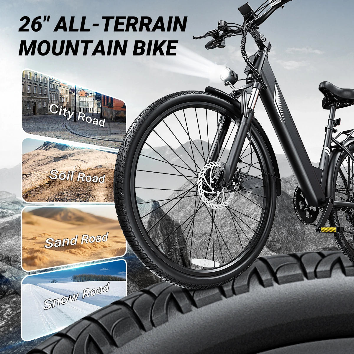 DYU C7 Electric Bicycle – 1000W Peak, 480Wh Battery, 26" City E-Bike, UL2849 Certified