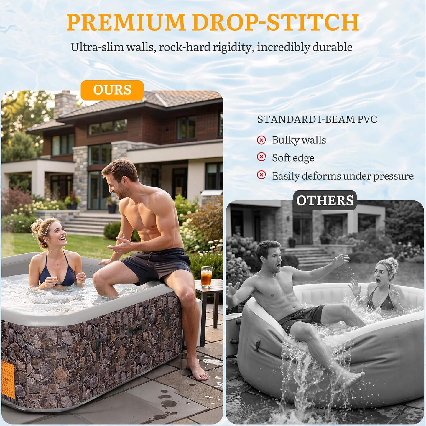 Premium 77-Inch Portable 6-Person Natural Stone Design Inflatable Square Hot Tub W/ 180 Massage Jets (SAK86251)