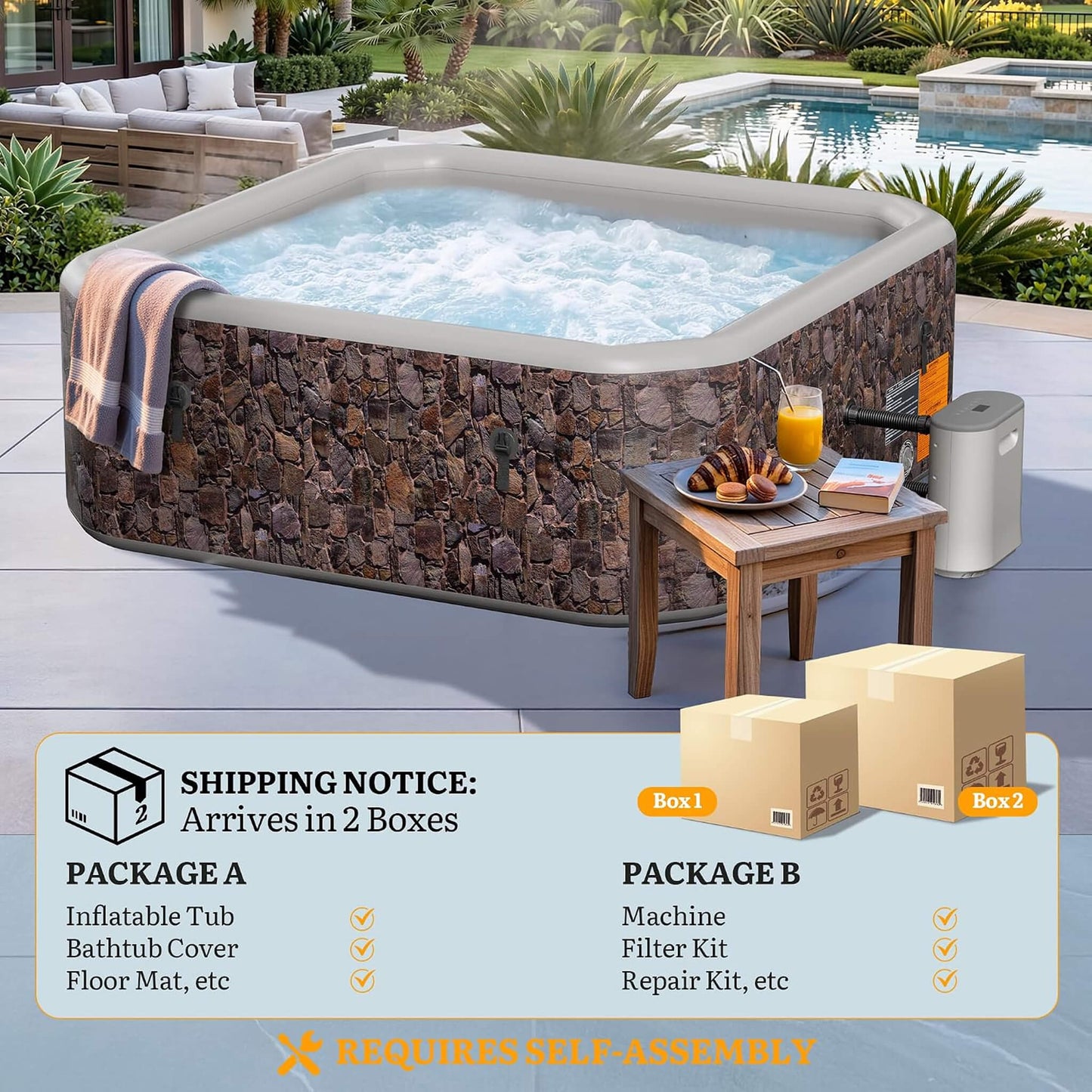 Premium 77-Inch Portable 6-Person Natural Stone Design Inflatable Square Hot Tub W/ 180 Massage Jets (SAK86251)